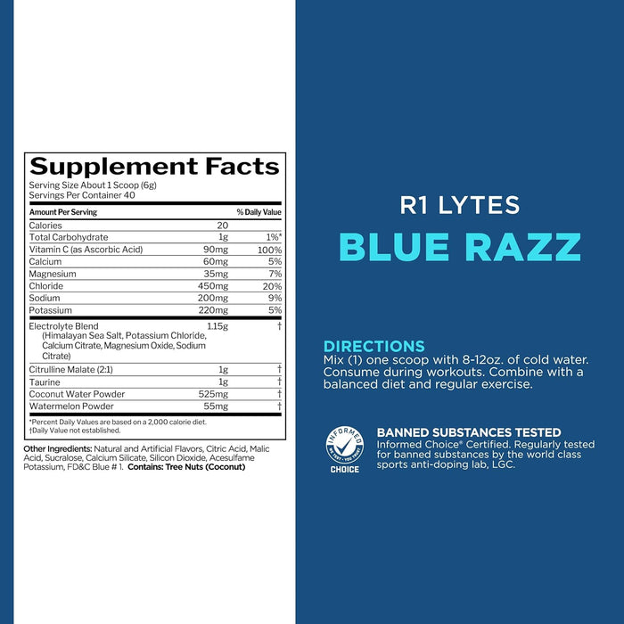 R1 Lytes+ supplement facts panel showing electrolyte minerals and performance ingredients 40 Servings Blue Raspberry
