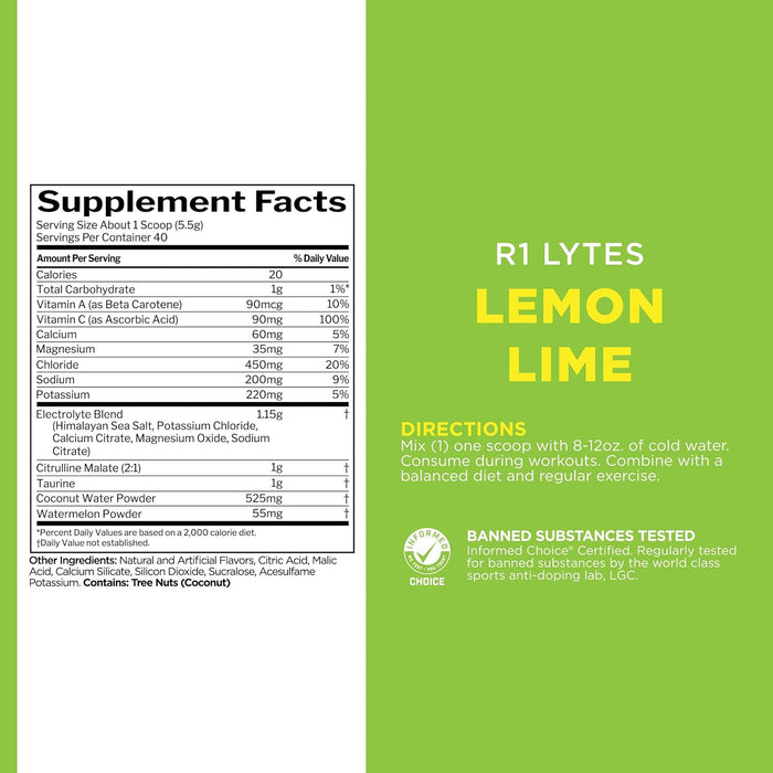 R1 Lytes+ supplement facts panel showing electrolyte minerals and performance ingredients 40 Servings Lemon Lime Flavor