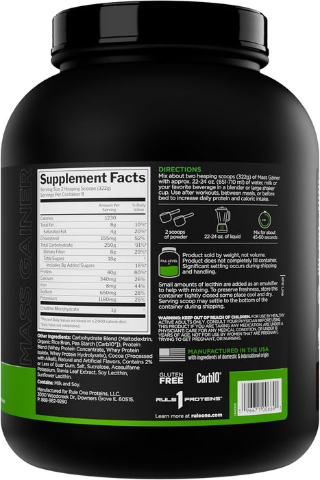 Rule One Mass Gainer high calorie protein powder, Chocolate Peanut Butter flavor, 8 servings Supplement Facts