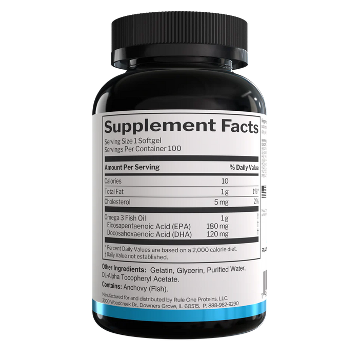 Rule One Fish Oil supplement facts panel showing EPA and DHA content 100 Softgels