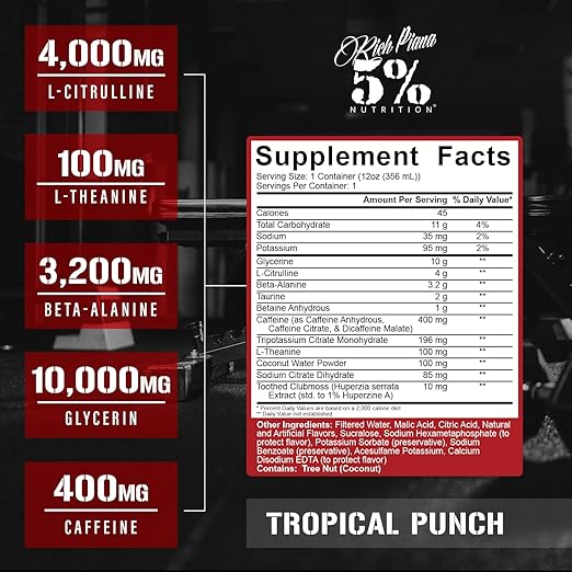 5% Nutrition Kill It RTD Supplement Facts & Ingredients Label for Strength & Endurance Tropical Fruit 