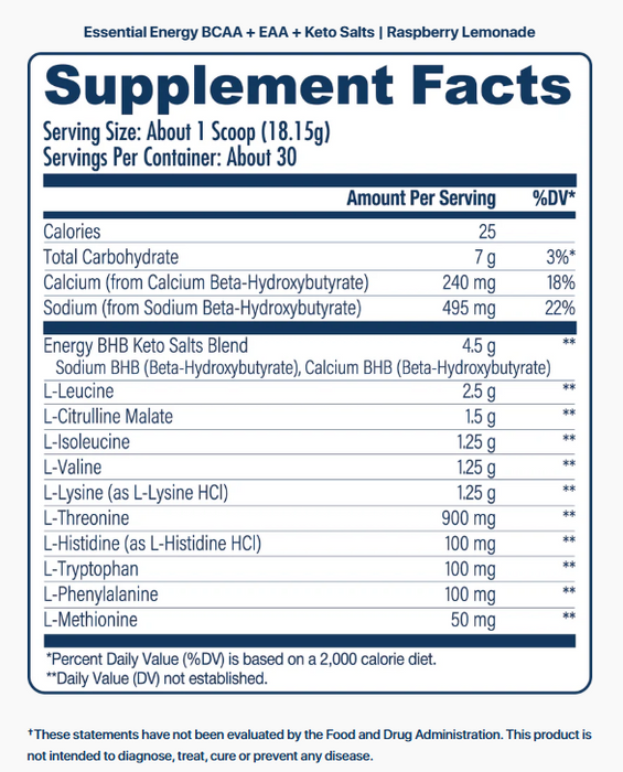 NuEthix Essential Energy Supplement Facts & Ingredients Label for Amino & Energy Support 30 Servings Raspberry Lemonade 