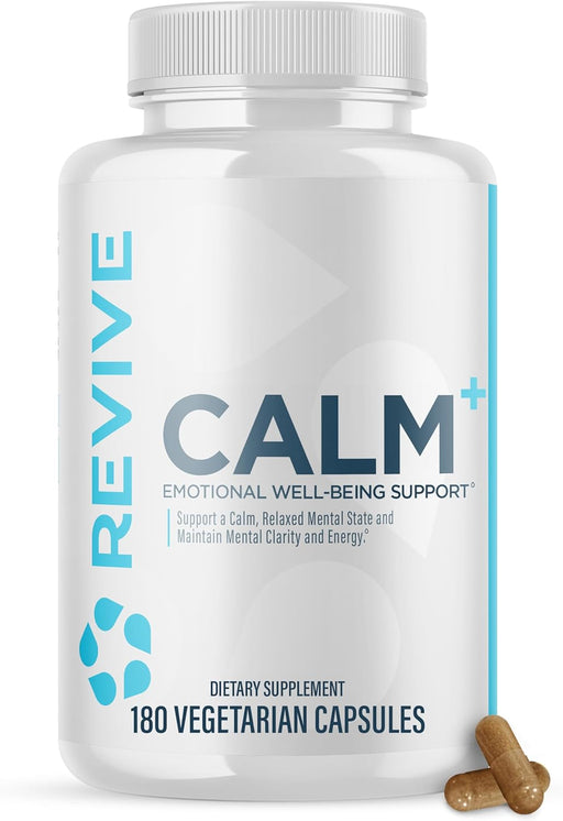 Revive MD Calm front label – stress relief and mood support supplement with L-Theanine, GABA, and 5-HTP.