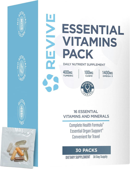 Revive MD Essential Vitamin Packs 30 Packs – daily multivitamin packets with Arjuna and Turmeric for heart, joint, and organ health.