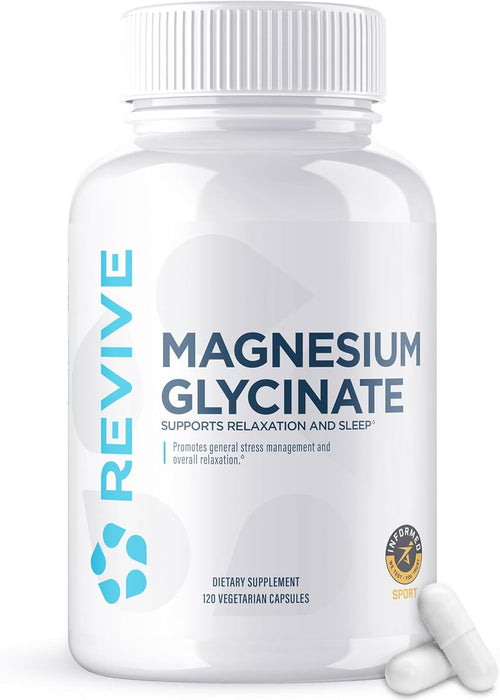 Revive MD Magnesium Glycinate dietary supplement bottle for relaxation, sleep, and muscle support 120 Capsules