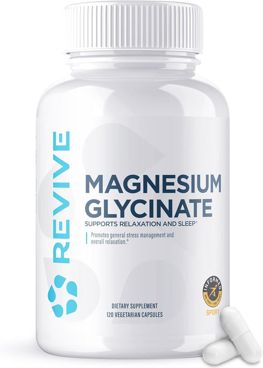 Revive MD Magnesium Glycinate dietary supplement bottle for relaxation, sleep, and muscle support 120 Capsules