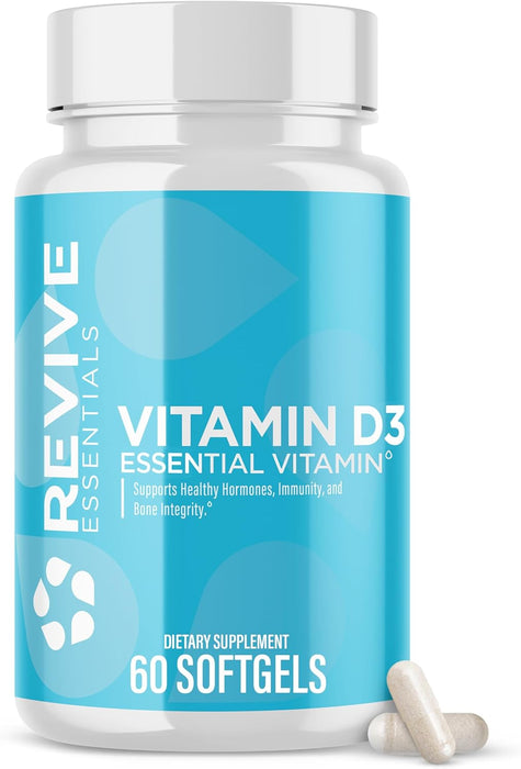 Revive MD Vitamin D3 dietary supplement bottle for immune and bone health support 60 Softgels