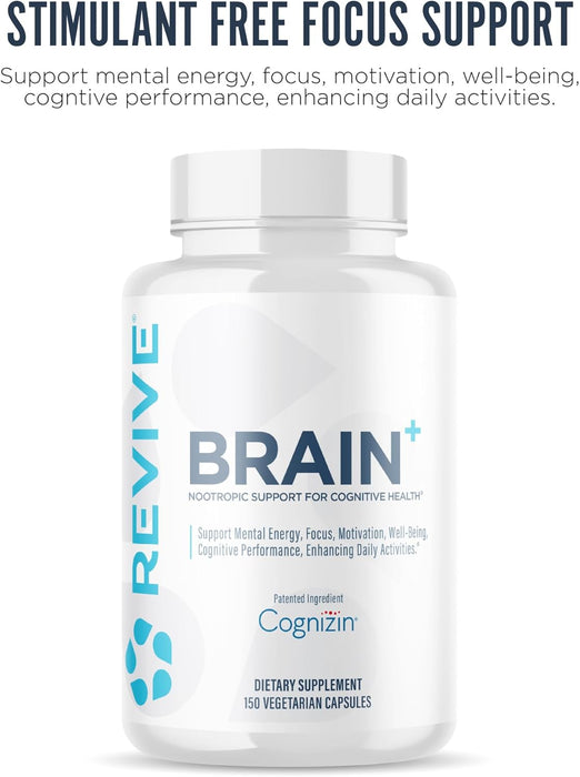 Revive MD Brain bottle displayed in a wellness setting – supports mental clarity, memory, and brain health.