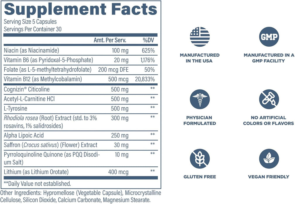 Revive MD Brain Supplement Facts showing Alpha-GPC, Acetyl-L-Carnitine HCL, and B vitamins for cognitive support.