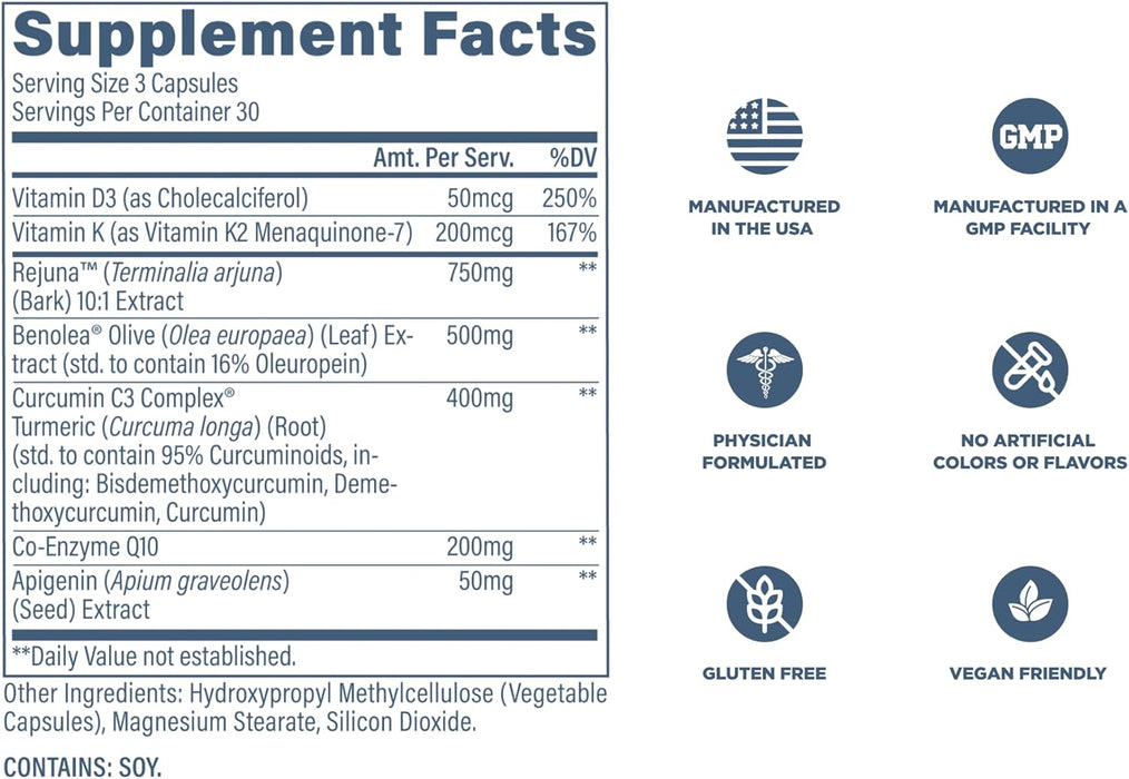 Revive MD Heart Supplement Facts showing ingredients for cardiovascular function, cholesterol, and circulation support