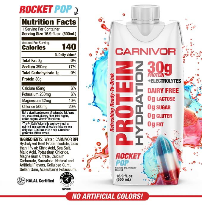 MuscleMeds Carnivor Protein Hydration RTD 12 Pack, Rocket Pop | Supplement Facts & Ingredients Label | Tigerfitness.com