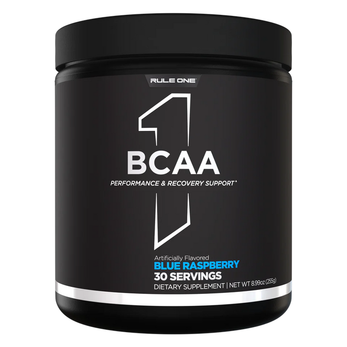 R1 BCAAs Blue Raspberry branched-chain amino acids supplement front label 30 Servings 