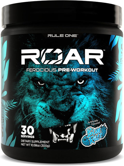 Rule 1 ROAR pre-workout powder for energy, strength, and endurance support 30 Servings, Blue Razz