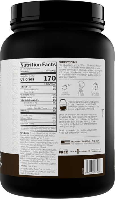 Rule 1 Source 7 Protein supplement facts panel showing 22g protein and naturally occurring EAAs from seven sources 2lb Milk Chocolate