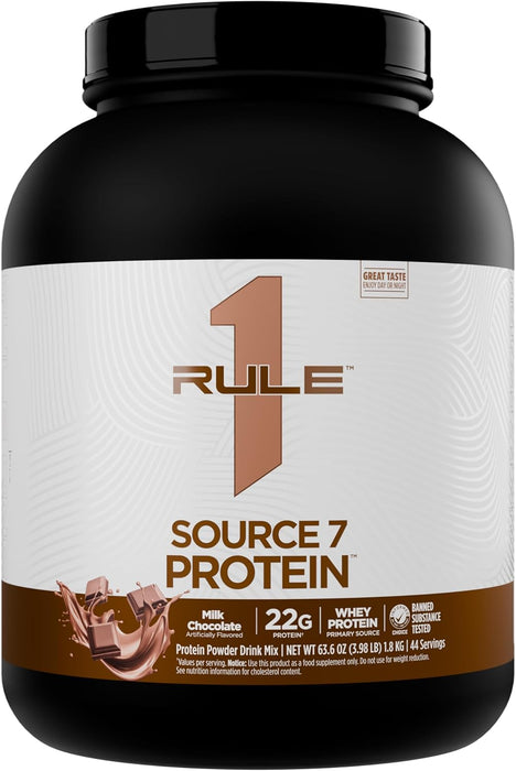 5lb Milk Chocolate, Rule 1 Source 7 Protein multi-source protein powder for anytime muscle recovery and daily nutrition