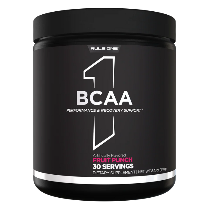 R1 BCAAs Fruit Punch branched-chain amino acids supplement front label 30 Servings