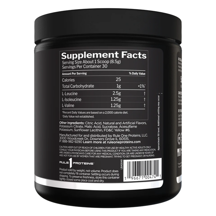 R1 BCAAs Orange supplement facts panel with leucine isoleucine and valine 30 Servings