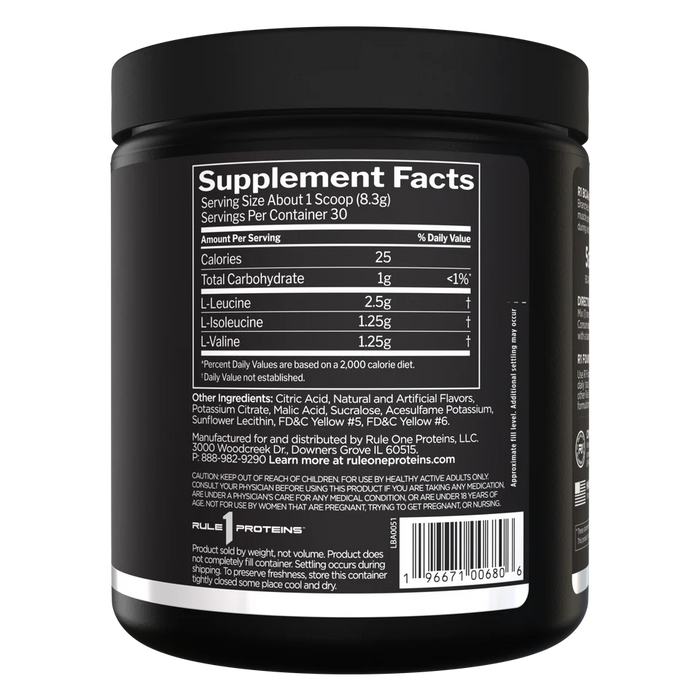 R1 BCAAs Pineapple Blast supplement facts panel showing 2:1:1 BCAA ratio