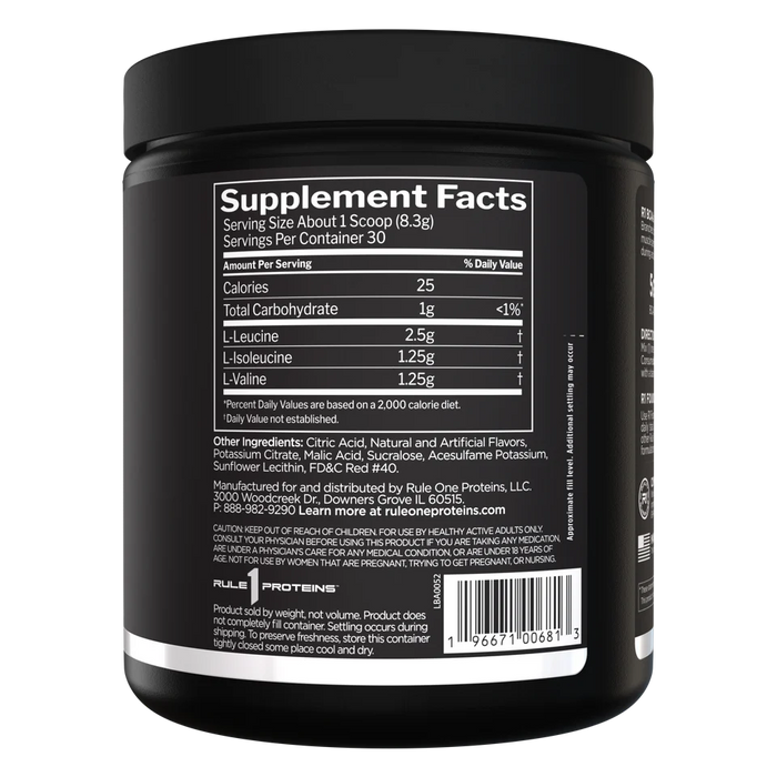 R1 BCAAs Watermelon Splash supplement facts panel highlighting amino acid profile 30 Servings