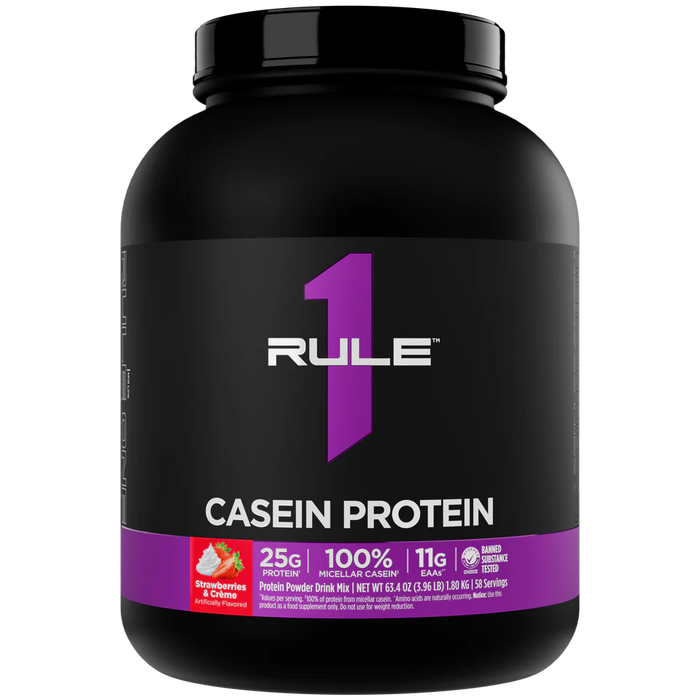 Rule One Casein Strawberries & Creme 4 lb slow digesting casein protein powder front label