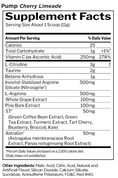 Rule One Pump supplement facts panel for non-stim nitric oxide support, Cherry Limeade flavor 30 Servings