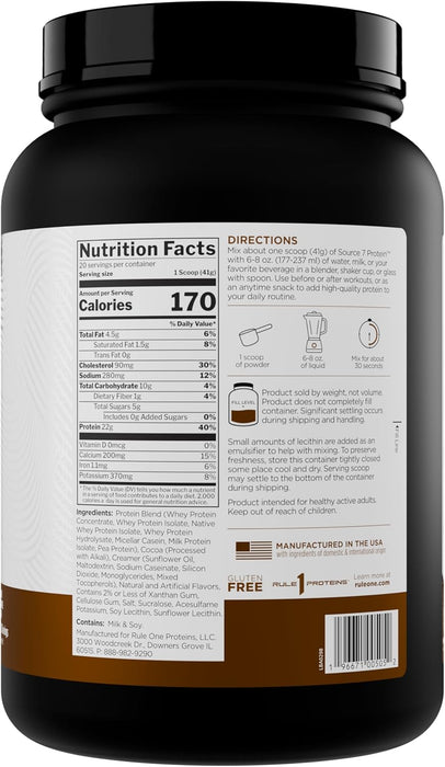 Rule 1 Source 7 Protein supplement facts panel showing 22g protein and naturally occurring EAAs from seven sources 2lb Milk Chocolate