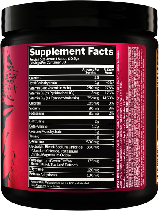 Rule 1 R1 ROAR supplement facts panel showing creatine, beta-alanine, citrulline, electrolytes, and caffeine - Fruit Punch