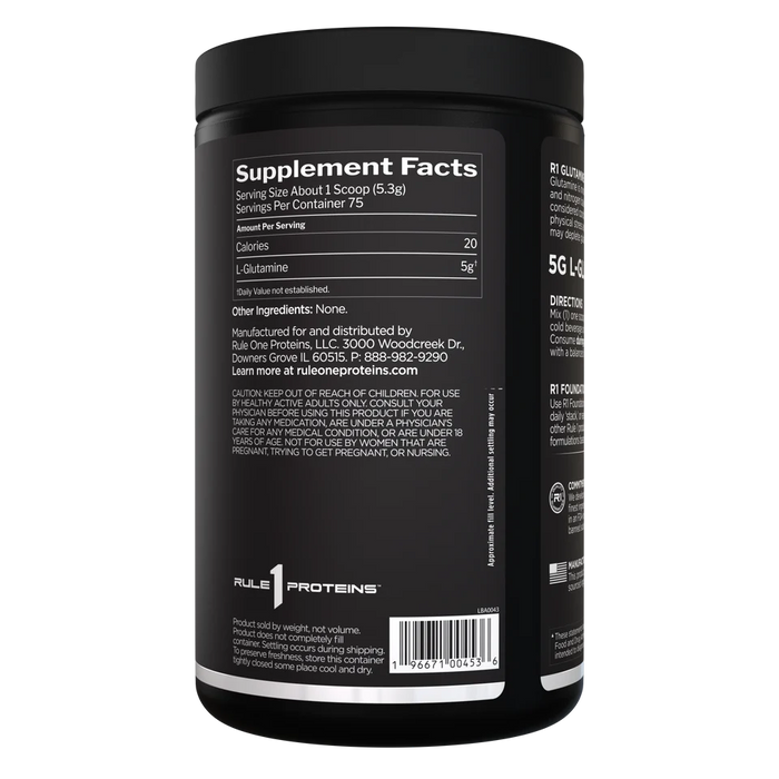 Rule 1 Micronized Glutamine powder scoop for post-workout recovery support