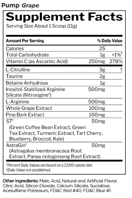 Rule One Pump supplement facts panel for non-stim nitric oxide support, Grape flavor