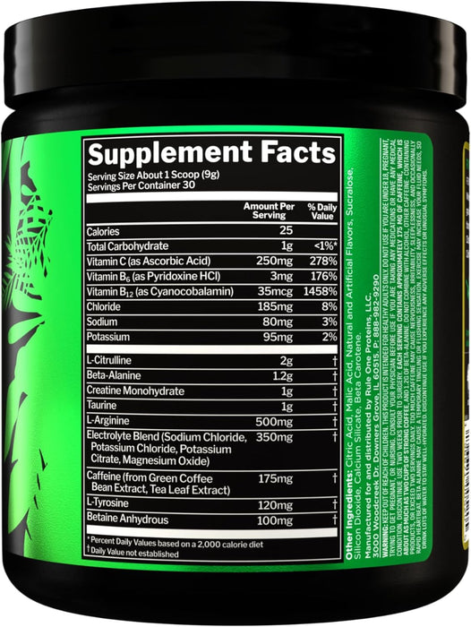 Rule 1 R1 ROAR supplement facts panel showing creatine, beta-alanine, citrulline, electrolytes, and caffeine Lemon Lime 30 Servings