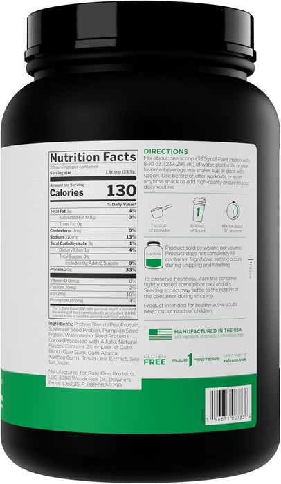Rule 1 Plant Protein supplement facts panel showing plant-based protein blend and nutrients 20 Servings