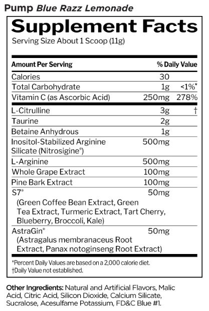 Rule One Pump supplement facts panel for non-stim nitric oxide support, Blue Razz Lemonade flavor 30 Servings