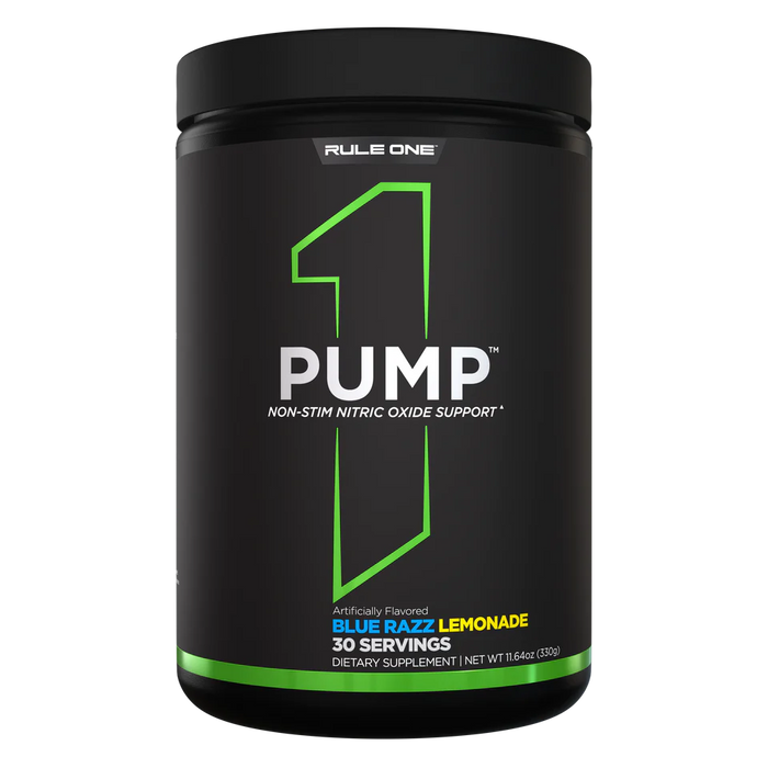 Rule One Pump non-stim nitric oxide supplement, Blue Razz Lemonade flavor, front label 30 Servings
