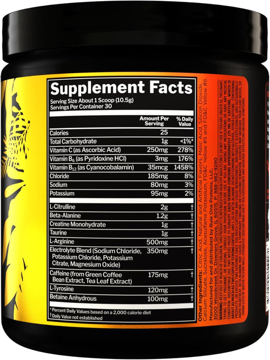 Rule 1 R1 ROAR supplement facts panel showing creatine, beta-alanine, citrulline, electrolytes, and caffeine Peach Mango 30 Servings