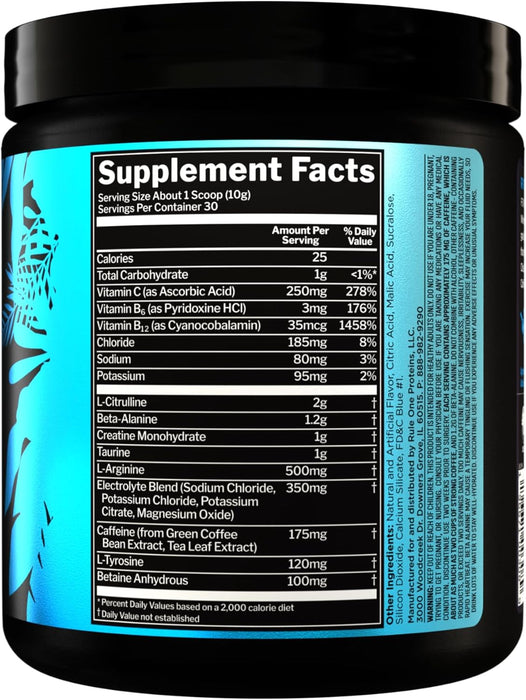 Rule 1 R1 ROAR supplement facts panel showing creatine, beta-alanine, citrulline, electrolytes, and caffeine 30 Servings