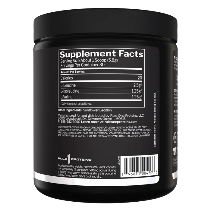 R1 BCAAs Unflavored supplement facts panel with essential branched-chain amino acids 30 Servings