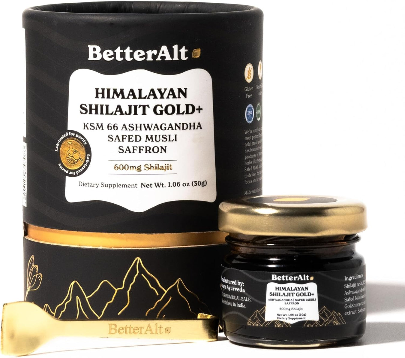 BetterAlt Himalayan Shilajit Gold+ – Premium Himalayan Shilajit Resin with Ashwagandha, Safed Musli and Saffron Front 