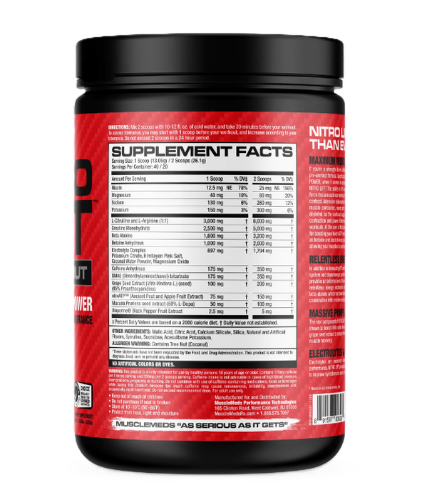 MuscleMeds Nitro Lift Pre-Workout Supplement Facts & Ingredients Label | Tigerfitness.com