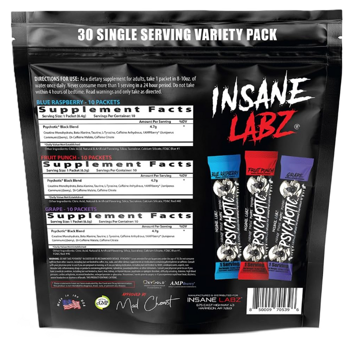 Insane Labz Psychotic Black Stickpack Variety Bag | Hardcore Pre-Workout Sample Pack