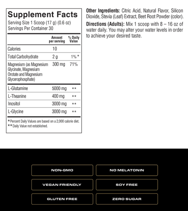 Spoken Sleep Builder Supplement Facts 30 Servings – formula featuring amino acids, inositol, magnesium orotate, glycerophosphate, and glycinate.