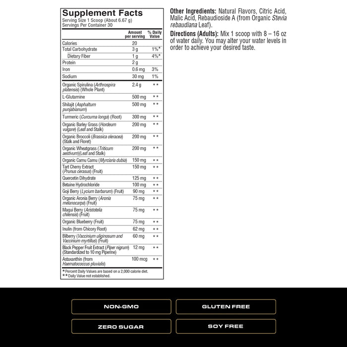 Spoken Nutrition Greens Supplement Facts 30 Servings – nutrition label showing 20 whole food ingredients, antioxidants, and functional blends.