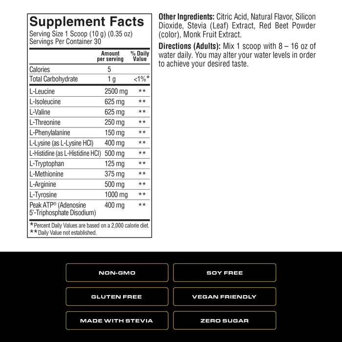 Spoken Aminos + ATP Supplement Facts – EAA blend with leucine, L-tyrosine, and Peak ATP formula details 