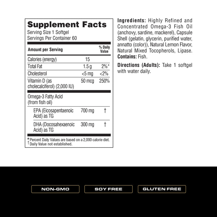 Spoken High EPA Fish Oil + D Supplement Facts – dosage details showing 700 mg EPA, 300 mg DHA, and 2000 IU vitamin D3 per serving. 