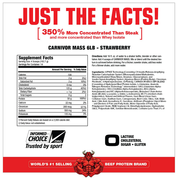 MuscleMeds Carnivor Mass Supplement Facts & Ingredients Label, Strawberry 6lb, Beef Protein Mass Gainer Nutrition Panel | Tigerfitness.com