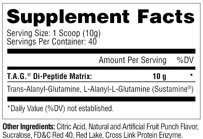 Metabolic Nutrition T.A.G. Supplement Facts & Ingredients Label – Advanced Glutamine Recovery & Performance Formula | TigerFitness
