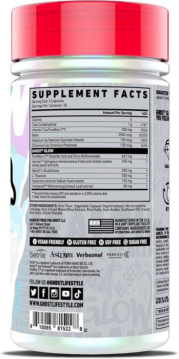 GHOST Glow V2 supplement facts label showing skin and beauty support ingredients