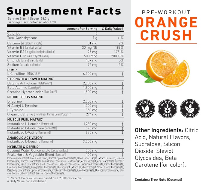 Supplement Facts panel for KAGED Pre-Kaged – showing full clinical dosages of Citrulline, BCAAs, Creatine HCl, Beta-Alanine, and PurCaf® caffeine | TigerFitness.com