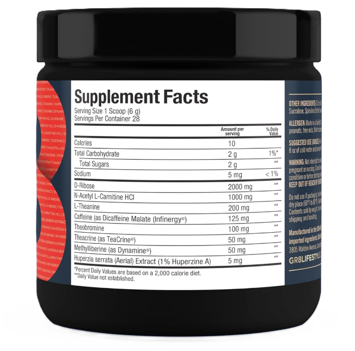 GR8 Lifestyle Acceler8 Pre Workout Supplement Facts Panel – Ingredients & Nutrition Information