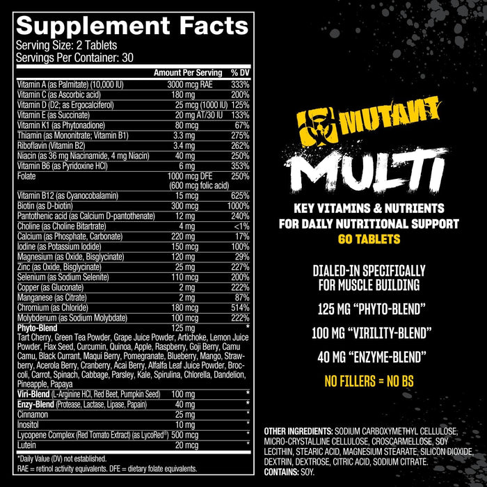 Supplement Facts 60 Tablets – MUTANT Multi Ingredients & Nutrition Label – TigerFitness