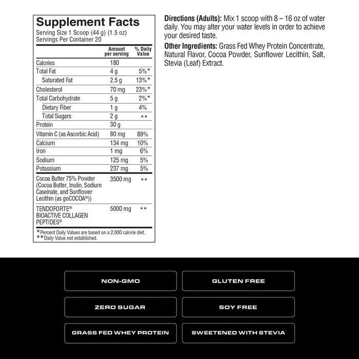 Spoken Nutrition Grass Fed Whey + Collagen Protein Supplement Facts 20 Servings – nutrition label showing whey protein, collagen content, and ingredient details.